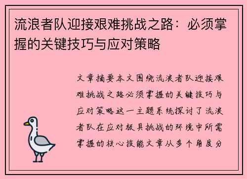 流浪者队迎接艰难挑战之路：必须掌握的关键技巧与应对策略