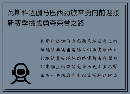 瓦斯科达伽马巴西劲旅奋勇向前迎接新赛季挑战勇夺荣誉之路